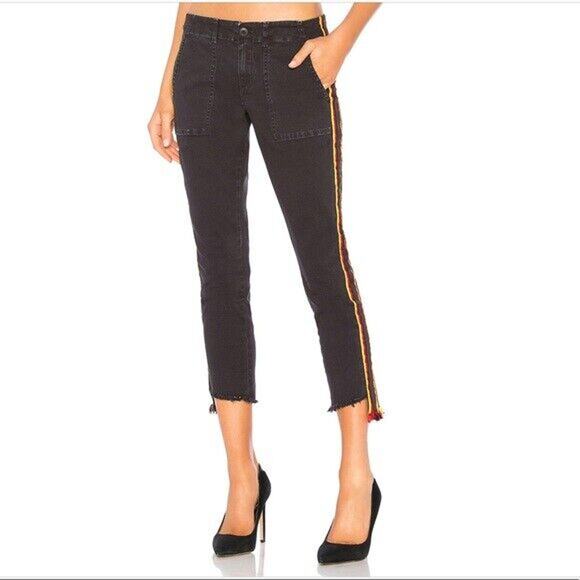 Pam & Gela Women's Pants Jeans 24 Crop Chop Black Gold Red Stripe Lace Up Back - Picture 1 of 10